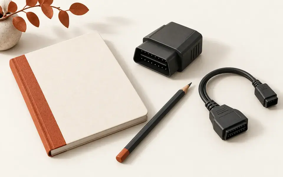 Illustration d’un adaptateur et d’un carnet pour conserver les informations du diagnostic.